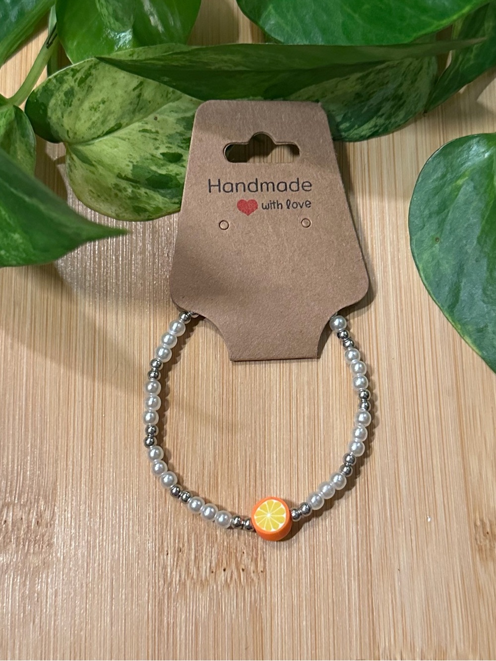 🍊✨ Orange Stretchy‎ Beaded Bracelet | Handmade | Clay Orange Charm 🍊